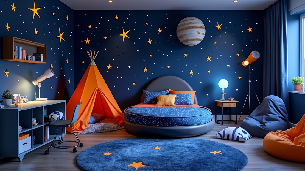 Children's room with navy walls, round planet bed, space-themed decor, telescope lamp, and cozy reading tent.