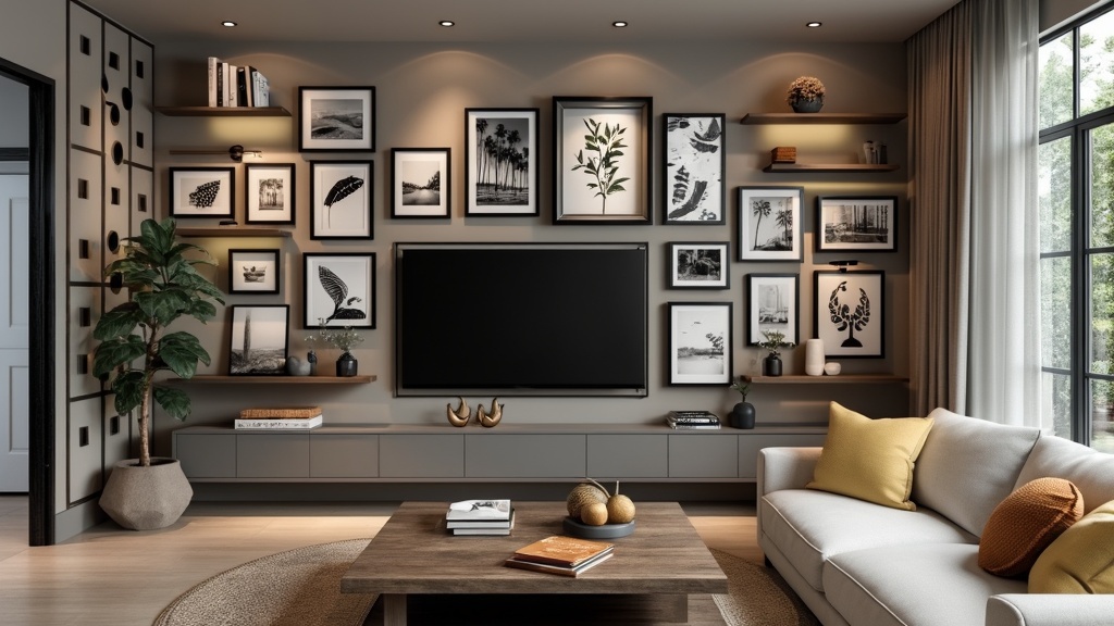 Gallery wall around a TV with framed art, photographs, and shelves, creating a visually engaging space.