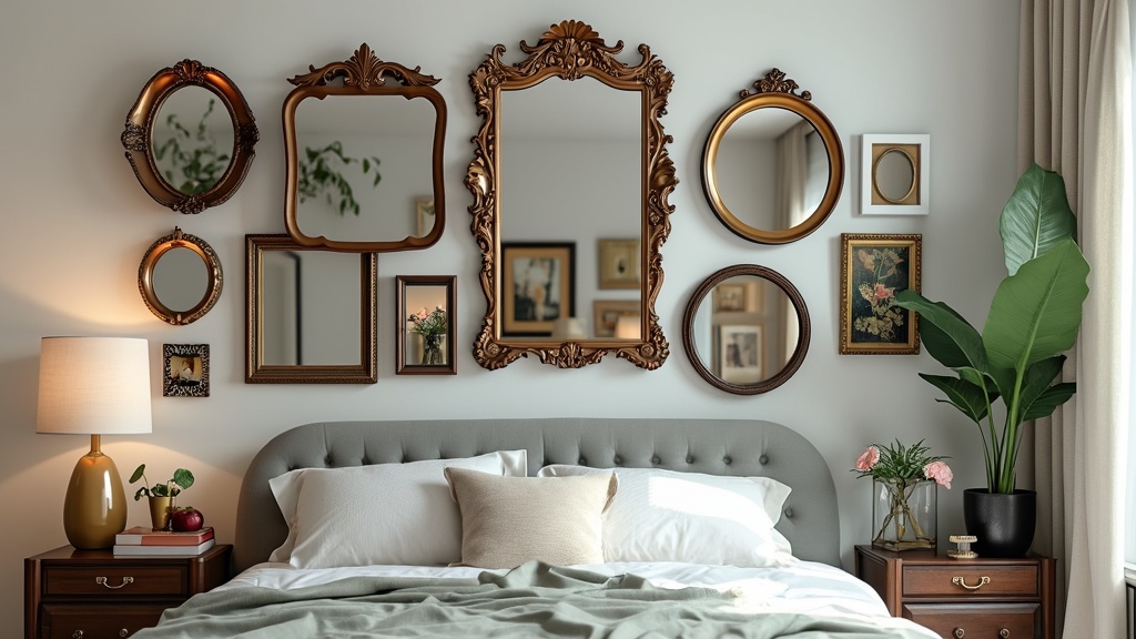 Gallery wall of mirrors in a bedroom, showcasing various shapes, sizes, and ornate frames for elegance.