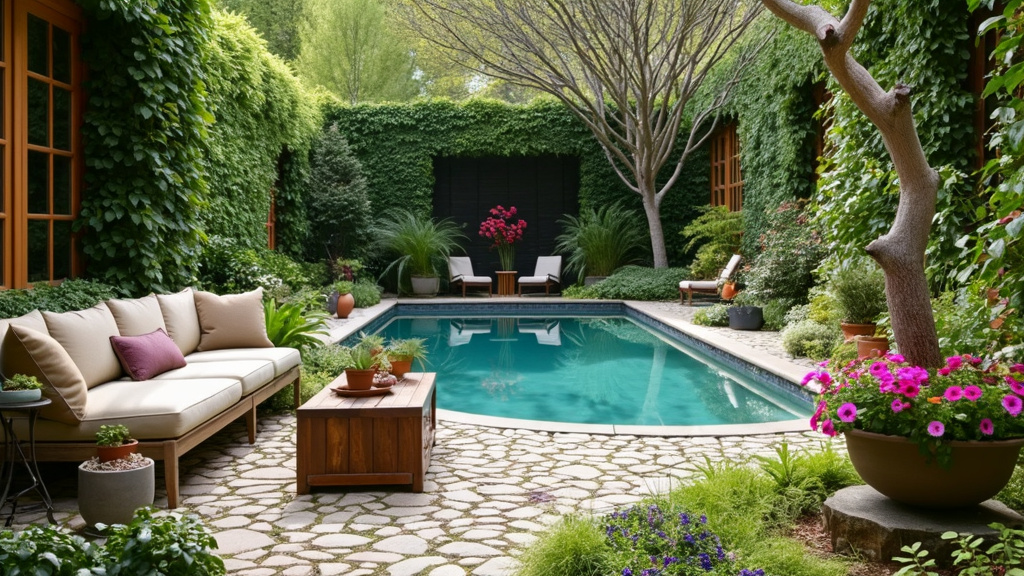 A serene garden oasis with lush greenery, cobblestone path, soft seating, and colorful flower planters.