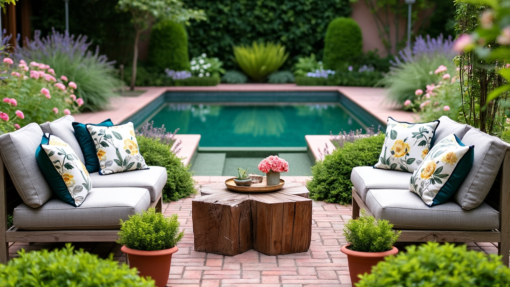 Lush pool retreat with vibrant flowers, brick pathways, and reclaimed wood seating adorned with cushions.