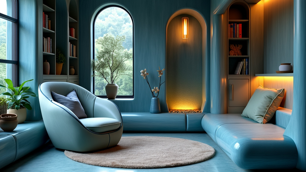 Tranquil reading nook with soft blue tones, silky barrel chair, rounded decor, and indoor water feature.