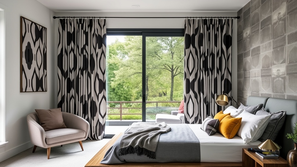 Geometric patterned curtains add structure to a bedroom, paired with modern decor for a balanced aesthetic.