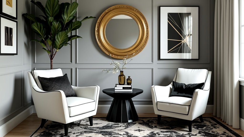 Angular Art Deco-inspired furniture in black and white with gold accents, featuring a stylish nook.