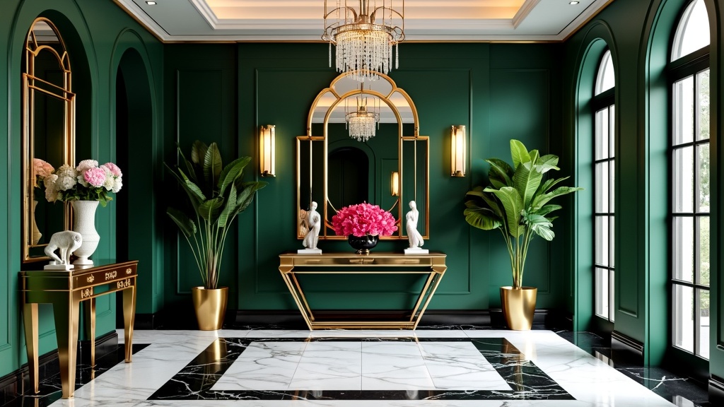 Glamorous Art Deco entryway with emerald walls, marble flooring, elegant console, plants, and chandelier.