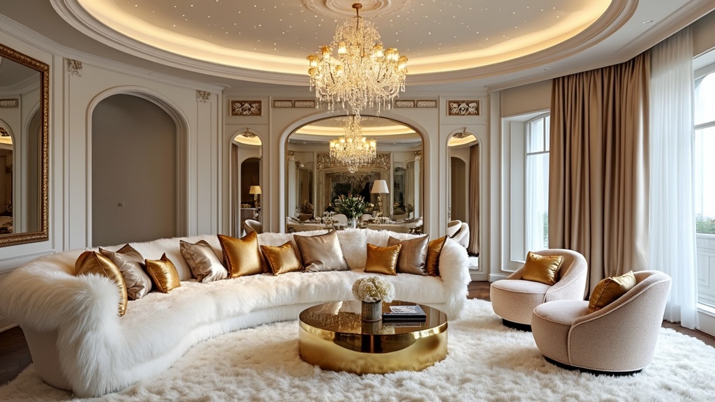 Glamorous living room with plush white faux fur sofa, gold accents, jewel tones, and elegant decor.