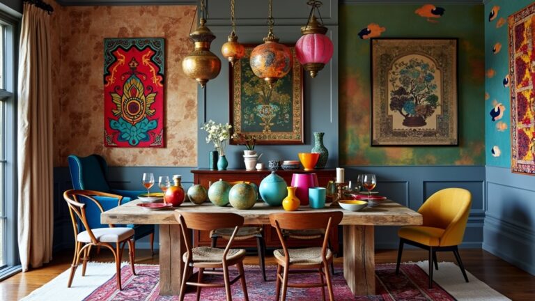 Dining room featuring Moroccan lanterns, South American textiles, Asian ceramics, and eclectic chairs.