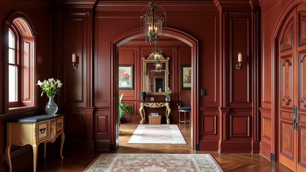 Opulent entryway with mahogany wood, Victorian detailing, bold burgundy and gold colors, large mirror.