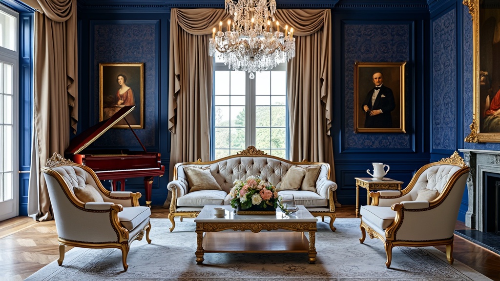Luxurious living room with royal blue wallpaper, ornate furniture, chandelier, and a grand piano.