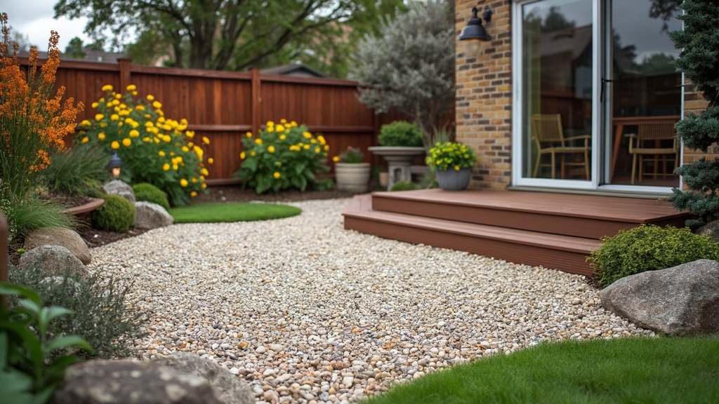 A rustic gravel patio with small stones, blending naturally into the surrounding garden landscape.