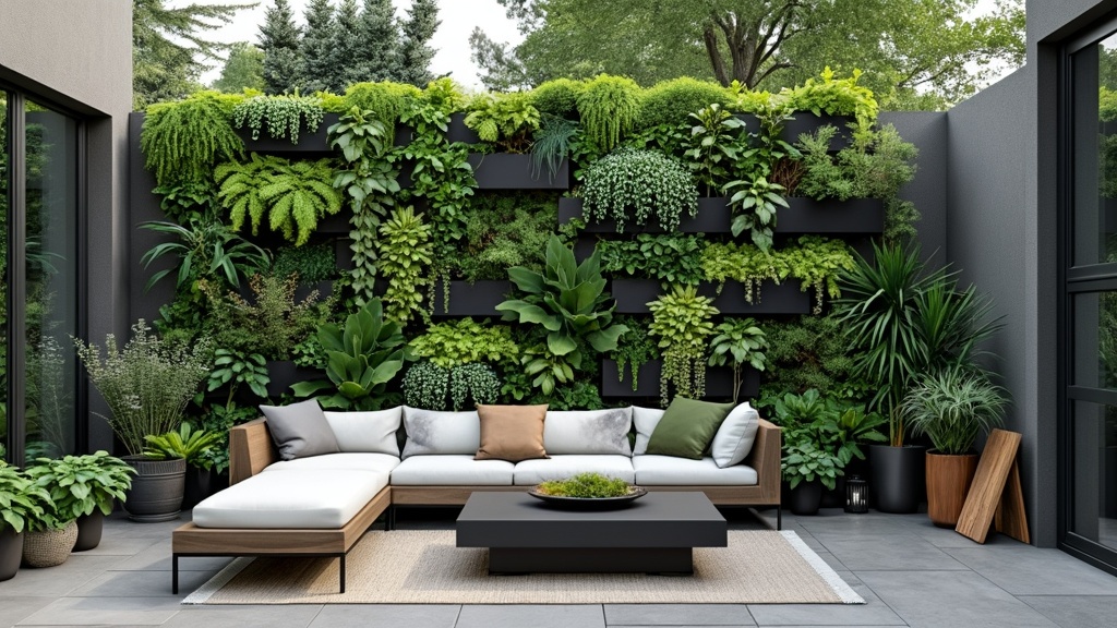 Outdoor living wall privacy screen made of ferns, succulents, and flowering plants in vertical planters.