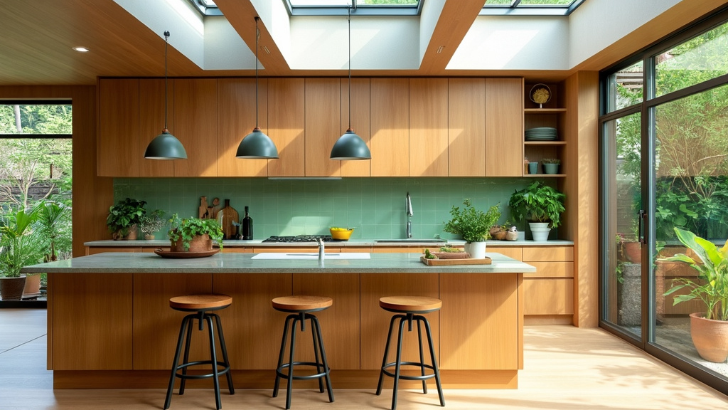 Kitchen with large windows, skylight, jade green tile, bamboo island, and indoor plants for a natural feel.