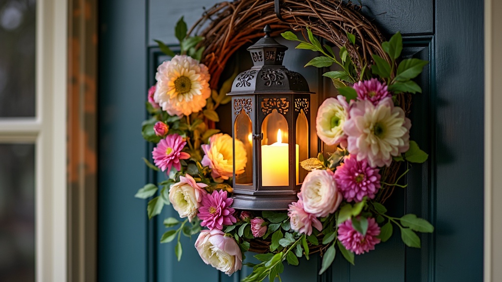 A decorative wreath featuring a central lantern adorned with flowers and greenery, perfect for spring.