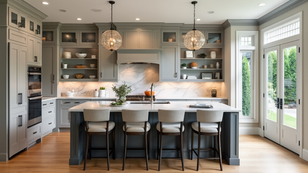 Kitchen design featuring dove gray shaker cabinets, marble backsplash, oak flooring, and modern pendant lights.