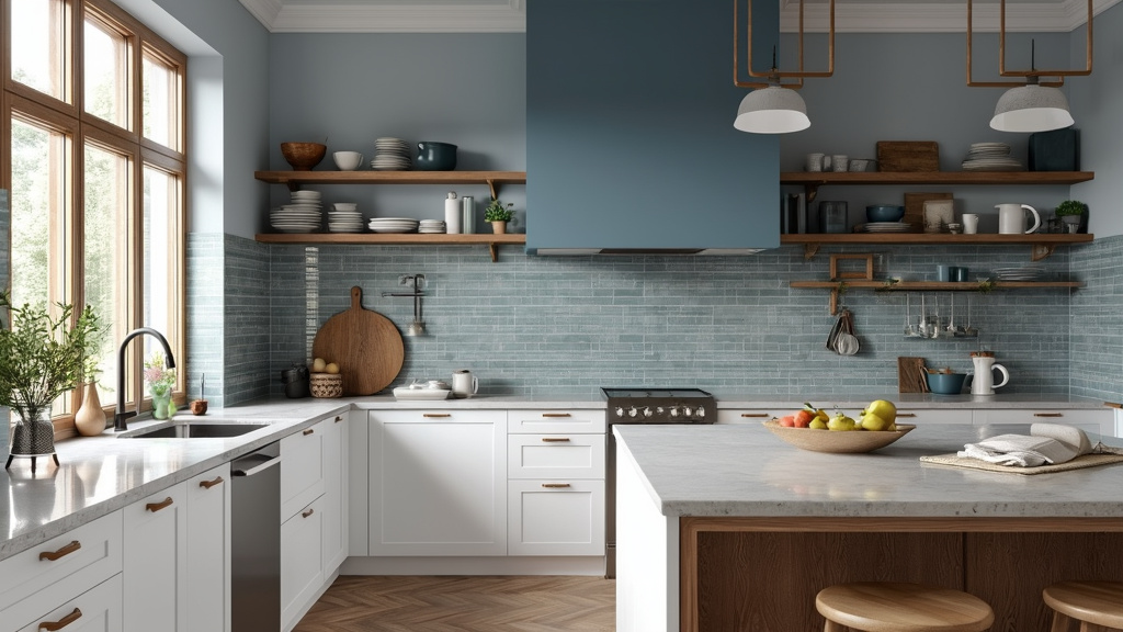 Scandinavian kitchen with blue and gray hues, white cabinets, unique tile backsplash, and natural wood.