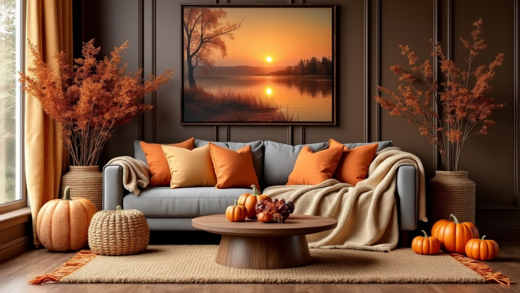 Cozy autumn living room with oversized couch, warm tones, pumpkins, and natural decor for comfort.
