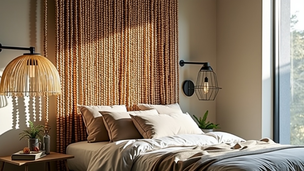 Beaded curtain headboard with wood and glass beads, creating a textured, whimsical focal point.