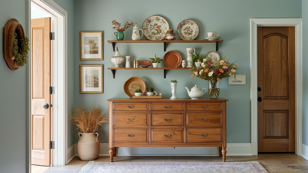 Entryway featuring an oak dresser with vintage china, knick-knacks, soft gold accents, and floral decor.