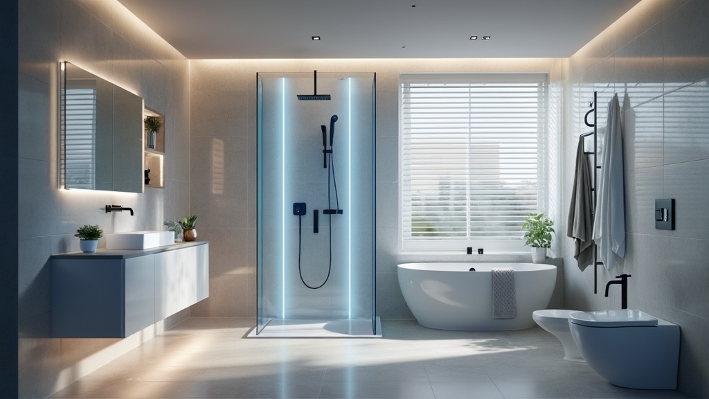 High-tech bathroom with advanced shower system, LED lights, and waterproof sound system for relaxation.