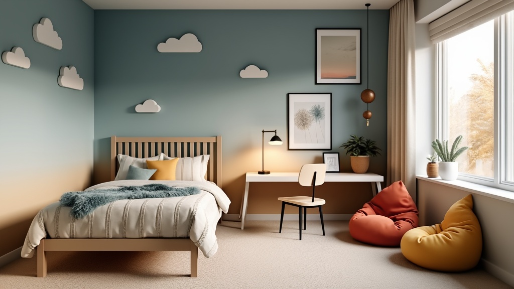 Children's room with soft blue and beige decor, cloud bedding, reading nook, and serene lighting.