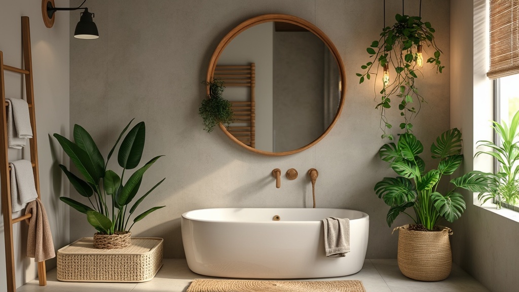 Bathroom remodeled with natural materials, featuring wooden accents, plants, and a serene atmosphere.