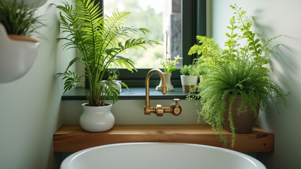 Small bathroom with potted plants enhancing decor, featuring ferns and spider plants in bright spaces.