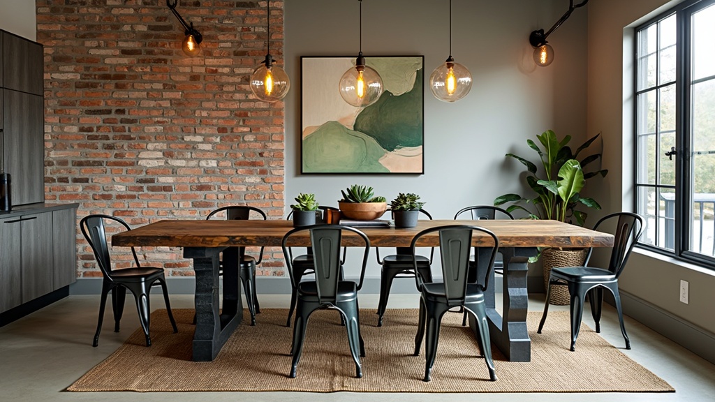 Modern Rustic Dining Room with reclaimed wood table, vintage metal chairs, exposed brick, and soft decor.
