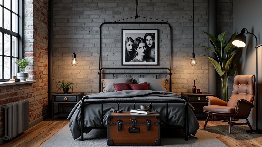 Industrial chic bedroom featuring a metal bed frame, reclaimed wood furniture, and warm color accents.
