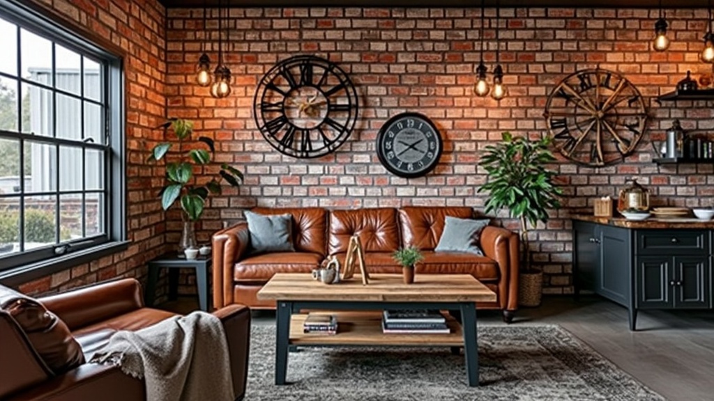 Industrial chic mobile home remodel featuring exposed brick wallpaper, dark metal furnishings, and vintage decor.