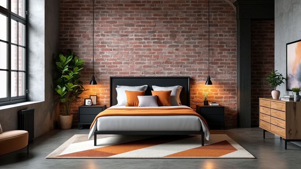 Industrial chic bedroom with exposed brick, dark metals, warm accent colors, and geometric-patterned rug.
