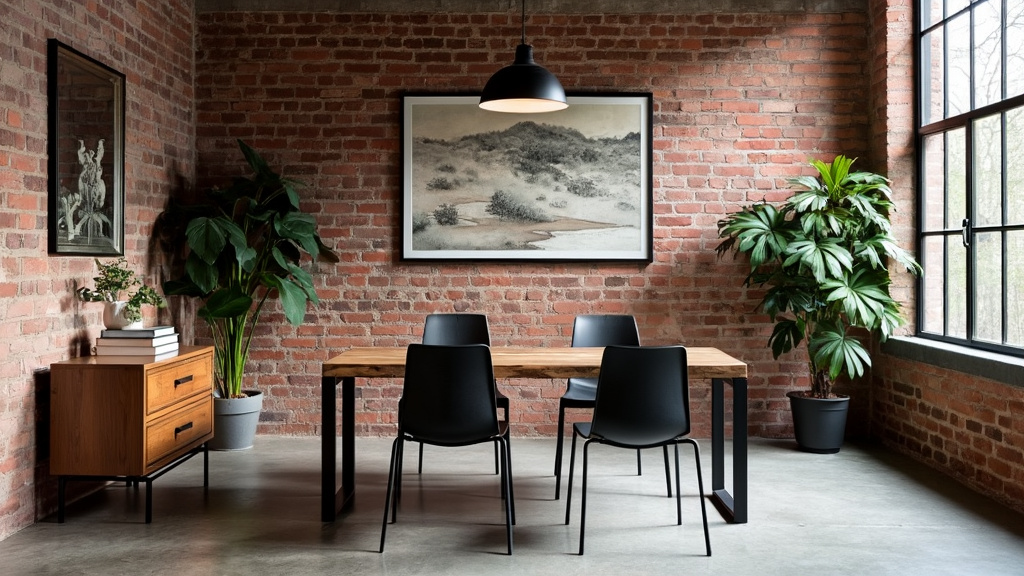Stylish industrial chic office with exposed brick walls, metal-framed window, reclaimed wood desk, and chairs.