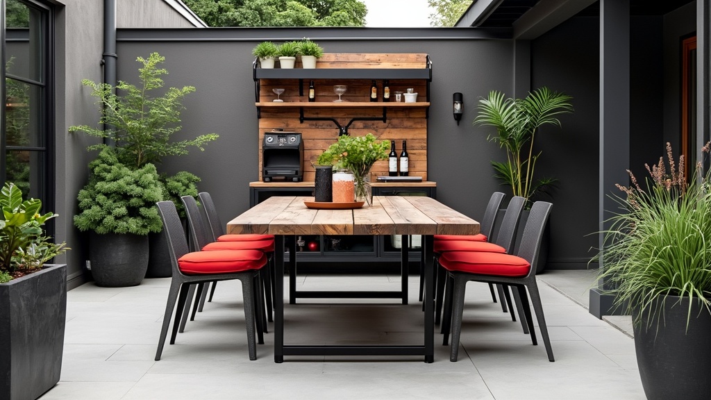 Industrial chic patio with metal beams, concrete flooring, reclaimed wood table, steel chairs, and greenery.