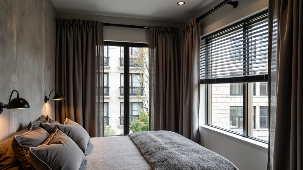 Industrial bedroom featuring heavy canvas curtains in charcoal, metal blinds, and a black metal rod.