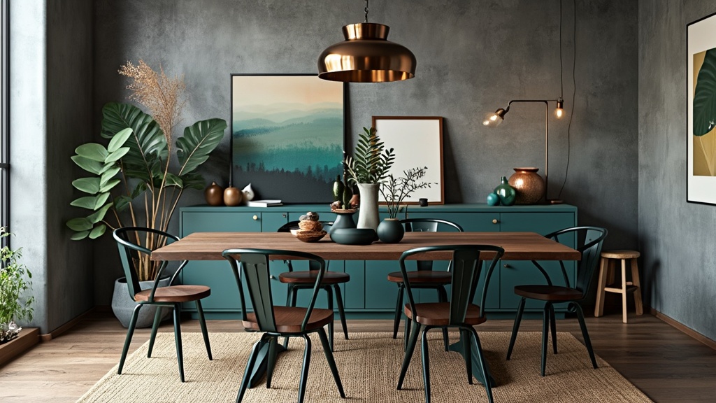 Mid-Century Modern dining room with wooden table, metal chairs, gray and teal colors, and industrial accents.