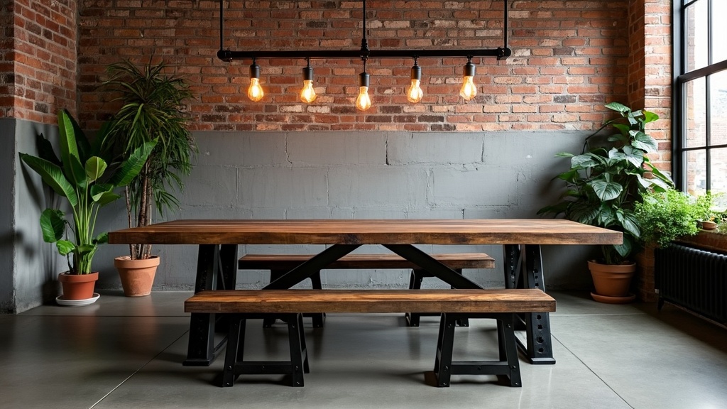 Dining room with industrial design, reclaimed wood table, exposed brick, metal accents, and potted plants.
