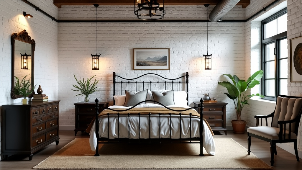 Industrial Victorian bedroom with vintage metal bed, exposed white brick walls, modern furniture, and antiques.