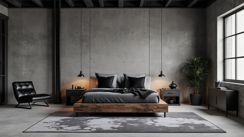 Industrial-style black and grey bedroom with concrete wall, steel beams, reclaimed wood bed, and ambient lighting.