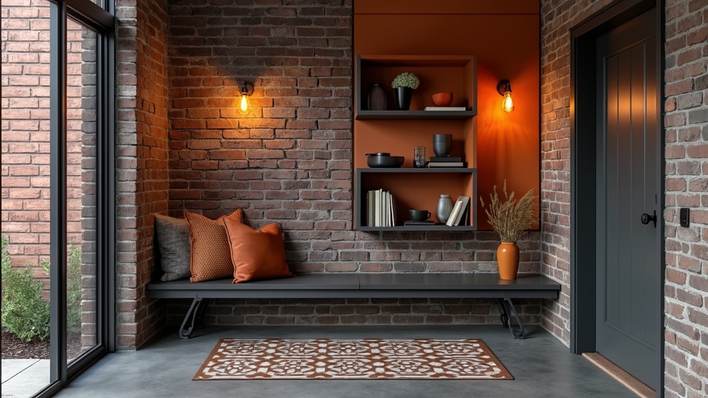 Industrial entryway featuring reclaimed brick wall, metal bench, geometric mat, and Edison bulb lighting.