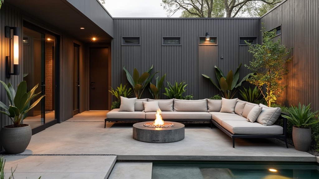 Industrial zen patio with polished concrete, wood slats, earthy tones, sectional sofa, water feature, fire pit.