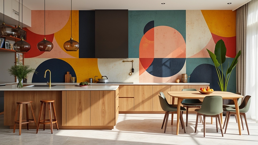 Mid-century modern kitchen featuring a bold mural and geometric wallpaper, harmonizing with abstract art.