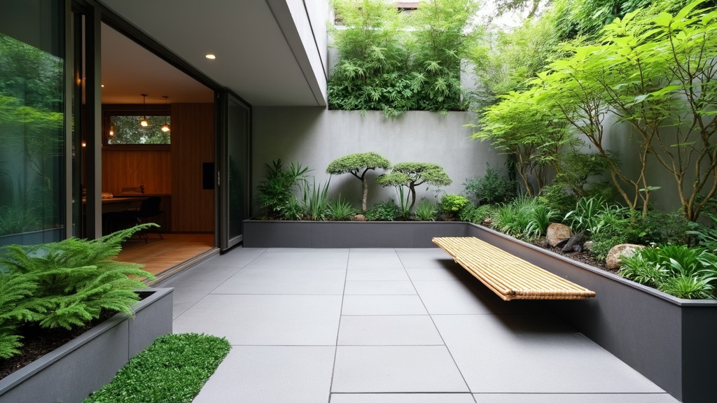 A minimalist patio features built-in planters, evergreens, and a bamboo bench, promoting harmony and peace.