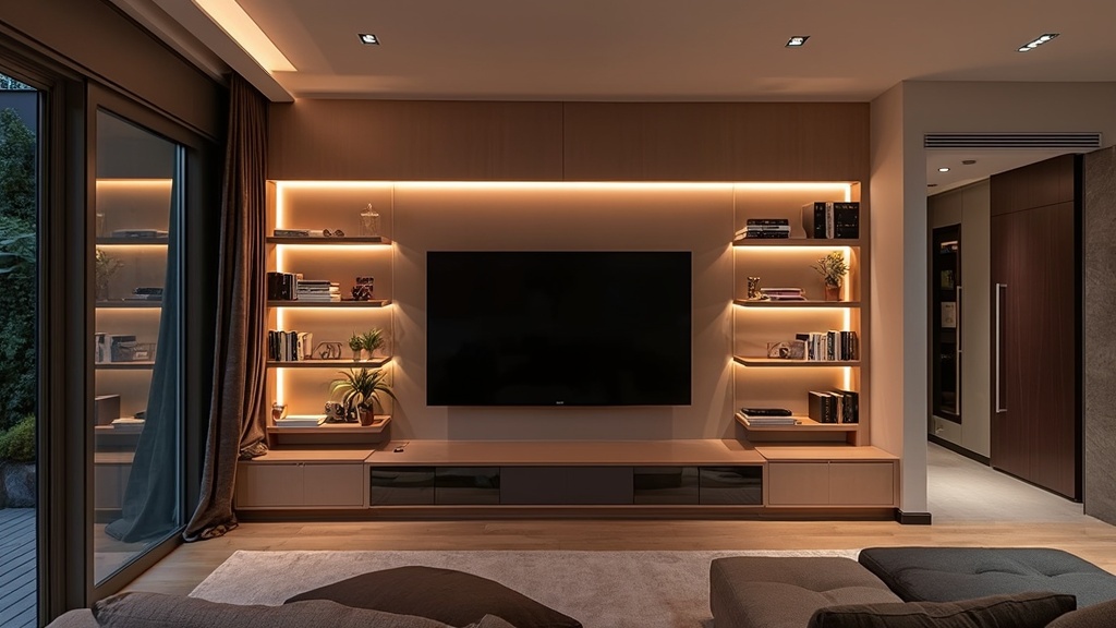 A stylish living room with integrated LED strip lighting enhancing the ambiance around a mounted TV.