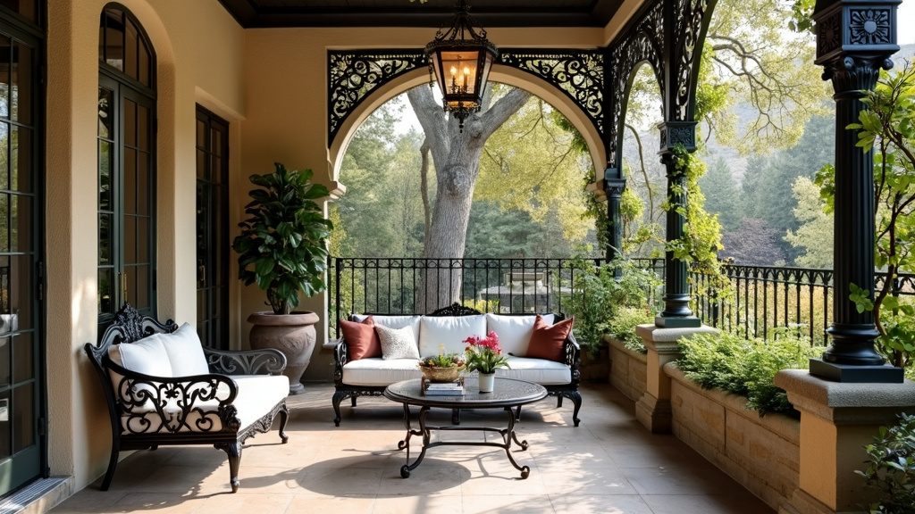 A Victorian-inspired patio with intricate ironworks, elegant muted creams, dark iron, and lush flora.