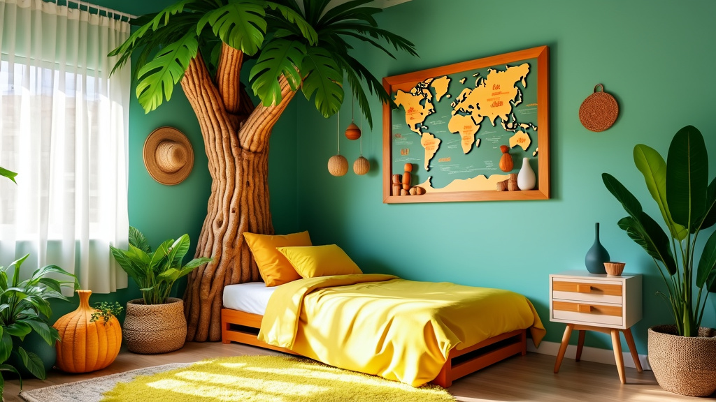 Brightly colored children's room with treehouse bed, tropical decor, and whimsical island adventure theme.
