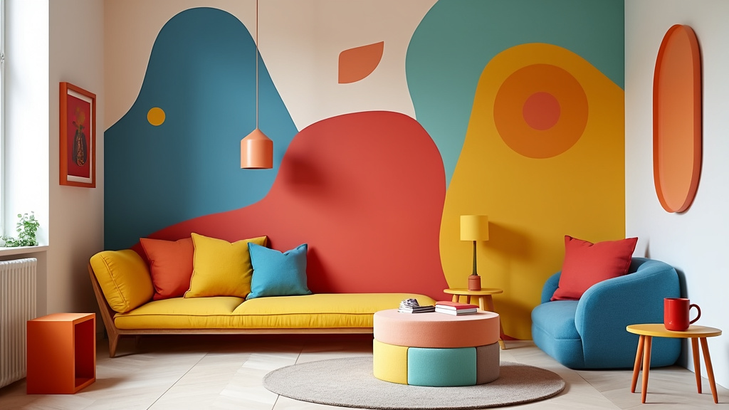 Colorful minimalist children's room with simple shapes, soft furnishings, and abstract wall art.