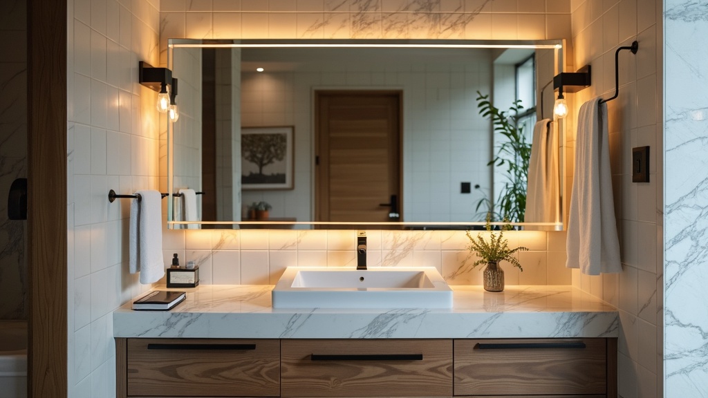 Large statement mirror in a small bathroom, enhancing light flow and creating an illusion of space.