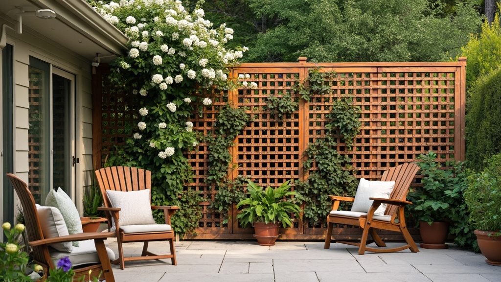 Wood lattice panels create outdoor privacy with climbing plants, enhancing greenery and light flow.