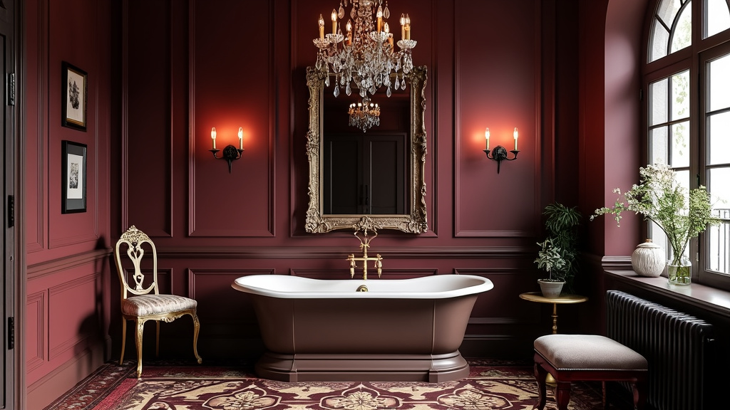 Victorian-style bathroom with dark woods, deep reds, chandelier, gold fixtures, and a deep soaking tub.