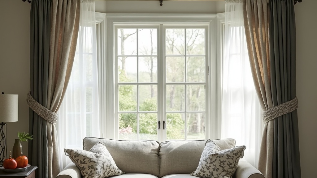 Layered bay window curtains with sheer white fabric and rich dark drapes, adding depth and ambiance.