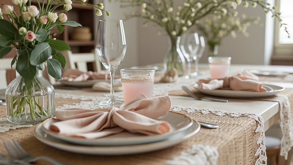 Elegant dining table with layered textures, featuring a woven runner, lace, and a pastel color palette.